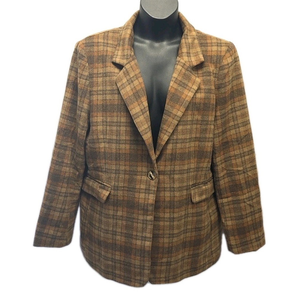 Haptics Blazer Womens 1X Brown Plaid Single Button Notched Lapel Professional